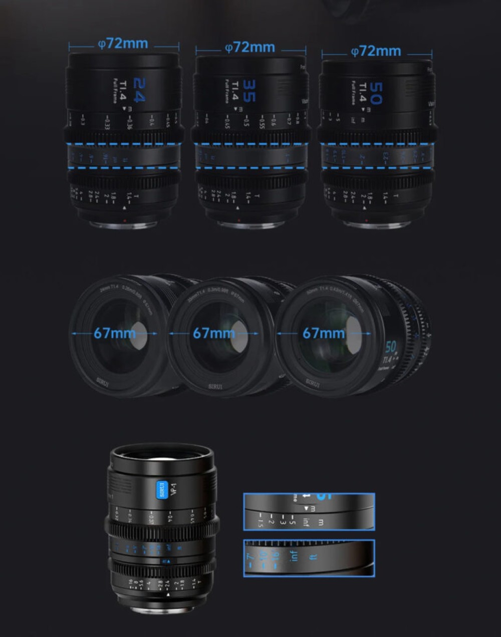 SIRUI Vision Prime 1 Series T1.4 FF Cine Lens Kit (Interchangable Mount, Black)